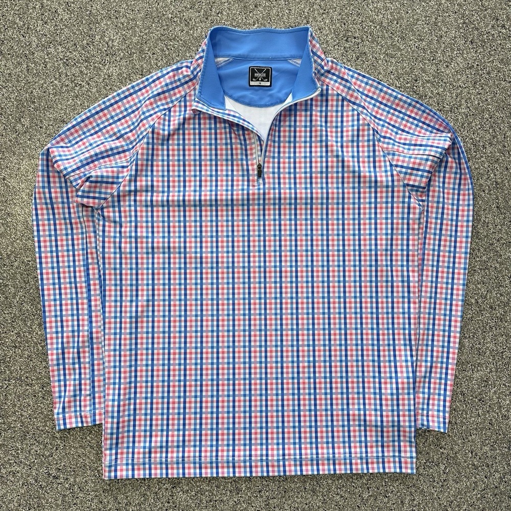 Deolax 1/4 Zip Golf Pullover Long Sleeve Mens M Check UPF 50+ Pink 4 Way Stretch
